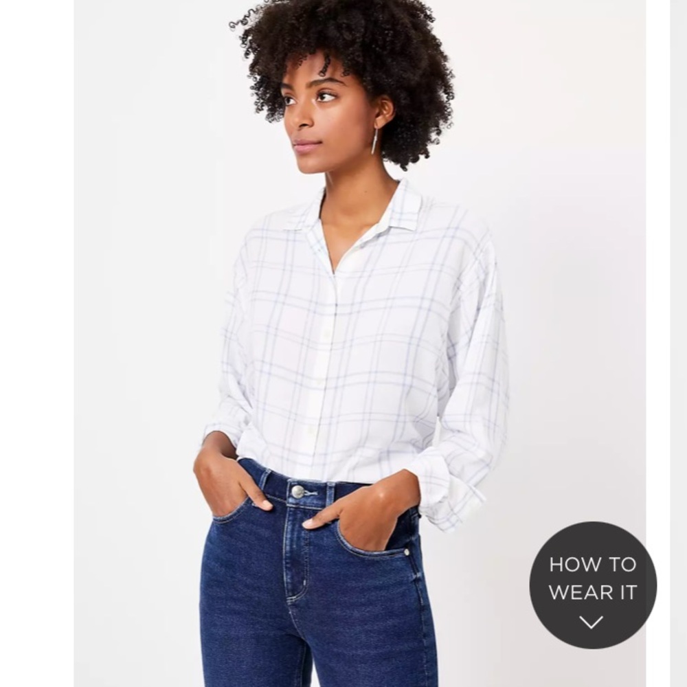 LOFT Windowpane Relaxed White Plaid Shirt